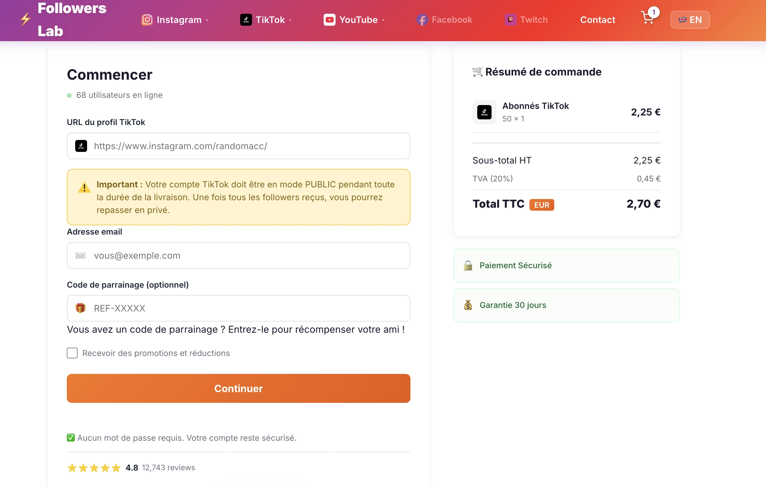 Page de commande Followers-Lab pour acheter followers TikTok